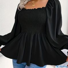 Orcajump - Shirred Ruffle Hem Blouse, Casual Solid Squared Neck Long Sleeve Blouse, Women's Clothing Ruffle Hem Blouse, Hem Blouse, Blouse Casual, Casual Blouse, Ruffle Hem, Summer Fall, Dance Wear, Square Neck, Fashion Shoes