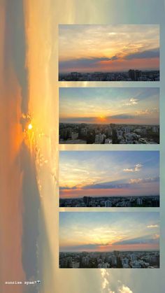 the sun is setting over some buildings and clouds in this photo collage, it looks like there's no image to describe