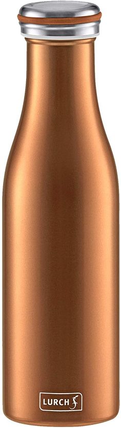 a copper colored stainless steel bottle with the word lunch on it's side and a silver lid