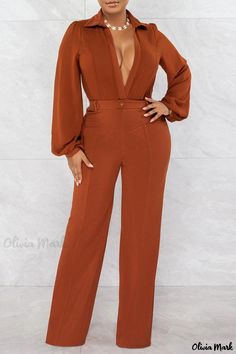 Olivia Mark - Exquisite Ladies V-Neck Jumpsuit in Solid Red with Chic Patchwork Embellishments Jumpsuit With Boots, Yellow Streetwear, Hair Accessories Red, Autumn Fabric, Belted Jumpsuit, Belt Jumpsuit, Green Street, Jumpsuit Online, Red Jumpsuit