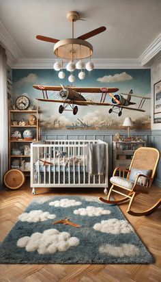 a baby's room with a crib, rocking chair and airplane mural on the wall