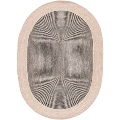 an oval rug with black and white lines on it, in the shape of a circle