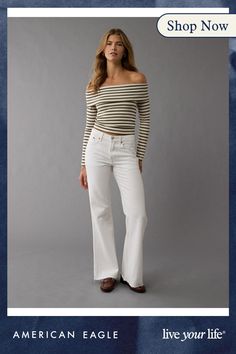 Ribbed blend/Off-the-shoulder neckline/Long sleeves Chic White Off-shoulder Top For Fall, Casual White Off-shoulder Top For Fall, White Long Sleeve Off-shoulder Top For Fall, Trendy White Off-shoulder Long Sleeve Top, Chic Cotton Off-shoulder Top For Fall, Cotton Long Sleeve Off-shoulder Top, Casual Cotton Off-shoulder Top With Long Sleeves, Casual Cotton Off-shoulder Long Sleeve Top, American Eagle Outfitters