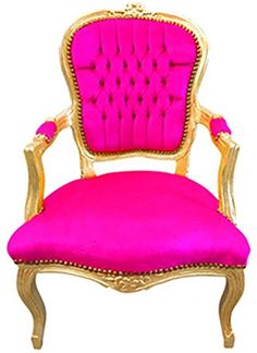 a pink velvet chair with gold trimming