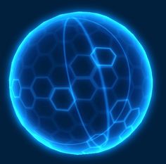 an abstract blue sphere with hexagonal lines on the top and bottom, against a dark background