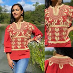 This beautiful Mexican Golden Embroidered Blouse is perfect for any formal event or daily use! These blouses are hand embroidered by Mexican Artisans and completely one of a kind. Note: The model is wearing size M/L Traditional Long Sleeve Blouse For Ceremonies, Bohemian Embroidered Blouse For Traditional Ceremonies, Embroidered Long Sleeve Blouse For Navratri, Traditional Long Sleeve Blouse, Fitted Blouse With Embroidered Border For Navratri, Traditional Long Sleeve Blouse For Navratri, Long Sleeve Blouse For Traditional Ceremonies And Festivals, Traditional Cotton Blouse With Intricate Embroidery, Traditional Blouse With Embroidered Border For Festivals