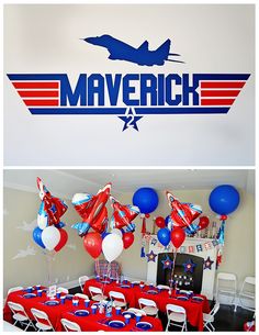 two pictures with balloons and decorations in the shape of an airplane on display at a party