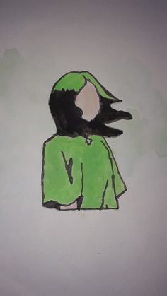 a drawing of a person wearing a green coat