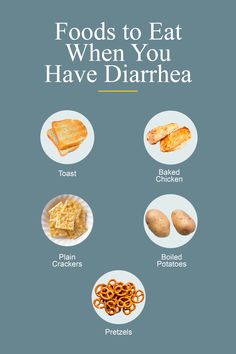 Some foods travel through your intestines very quickly, which can worsen diarrhea. When you have diarrhea, you want to stick to simple, plain foods. Some foods that are easy to stomach are: 1. Baked Chicken 2. Toast 3. Boiled Potatoes 4. Plain crackers/Saltines 5. Pretzels Foods To Eat When You Have Diarrhoea, Food To Help With Diaherra, Foods To Help With Diaherra, Anti Diaherra Foods, Stop Diaherra Foods, What To Eat When You Have Diaherra, Diahrea Remedies, Stomach Ache Food, Feeling Crappy