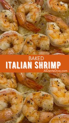 baked italian shrimp recipe in a white dish with an orange border and title text above it