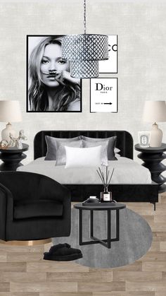 a black and white bedroom with modern decor