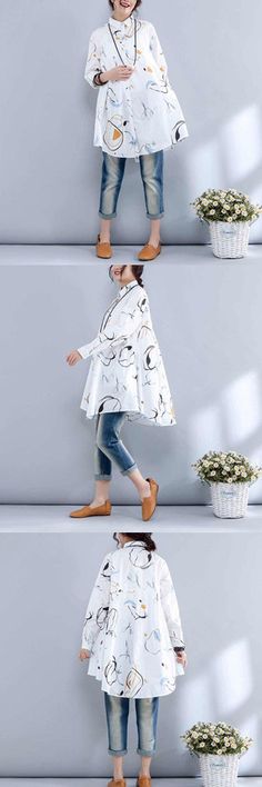 print white shirts for women-simple casual style #shirts  #womenswear  #casualstyle White Cotton Blouse, White Linen Dresses, Washing Line, Printed Sleeves, Collar Shirt, White Shirts, Cotton Blouses, Polo Collar, Cool Fabric