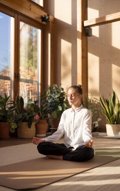 a woman sitting in a lotus position on the floor