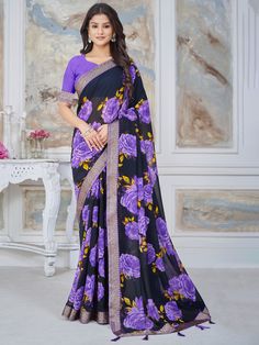 Kavya Georgette Floral Printed Brocade Border Saree Soft easy to wear georgette fabric. Beautiful floral print with stone Brocade border Comes with waist belt. Comes with unstitch blouse fabric. Effortlessly elegant and versatile, the Kavya Saree is the perfect addition to any wardrobe. Made from soft and lightweight Georgette fabric, it features a stunning floral print and intricate brocade border. Floral Print Georgette Traditional Wear, Bollywood Georgette Saree With Floral Print, Bollywood Style Floral Print Georgette Saree, Diwali Floral Print Georgette Blouse Piece, Festive Georgette Saree With Floral Print, Unstitched Chiffon Saree With Floral Print, Traditional Georgette Wear With Floral Print, Semi-stitched Floral Print Georgette Saree, Festive Floral Print Georgette Saree