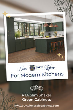 Advertisement for BWC RTA Slim Shaker Green Cabinets for modern kitchens. Image features a spacious kitchen with stylish dark green cabinets, white countertops, and copper pendant lights. A large window offers a view of greenery outside, complementing the cabinet color. The BWC logo and the website address www.buywholesalecabinets.com are prominently displayed. Backsplash Ideas Kitchen, Best Kitchen Ideas, Kitchen Pantry Ideas, Diy Kitchen Hacks, Slim Shaker, Organised Mum, Pool Guest House, White Shaker Kitchen, Kitchen Storage Hacks