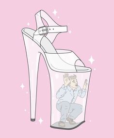 a drawing of a woman's high heeled shoe with a man on it