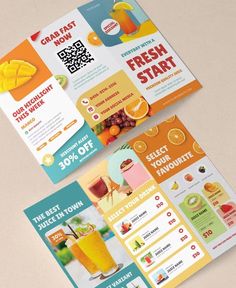 two different flyers with oranges and drinks on them