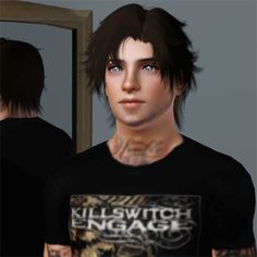 a man with tattoos standing in front of a mirror