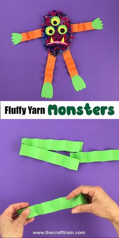 an image of a paper monster made out of strips of green paper with the words fluffy yarn monsters on it