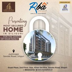 an advertisement for a hotel with a padlock on the front and side of it that says, presenting most secured home in the safety of your family