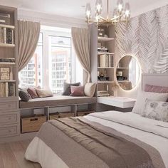 a bedroom with a large bed and lots of bookshelves in front of the window