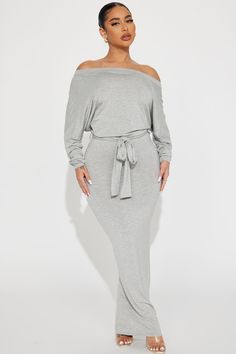 Available In Heather Grey. Maxi Dress Off The Shoulder Dolman Long Sleeve Tie Waist Stretch 95% Rayon 5% Spandex Imported | Midnight Stroll Maxi Dress in Heather Grey size 2X by Fashion Nova Lounge Fashion, Xl Fashion, Grey Fashion, Heather Grey, Fashion Nova, Off Shoulder, Fashion Dresses, Dress Outfits, Maxi Dress