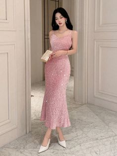 Pink Party Collar Sleeveless Fabric Plain,All Over Print Cami Embellished Slight Stretch  Women Clothing Spaghetti Strap Summer Dress, Pink Summer Dress, 파티 드레스, Ankle Length Dress, Elegant Dresses Long, Vacation Dresses, Pink Parties, Sequin, Printed Mini Dress