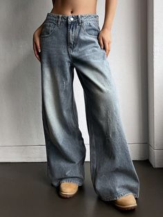 Women Plain Simple Loose Fit Wide Leg Jeans Blue Casual   Denim Plain Wide Leg Non-Stretch All Women Clothing, size features are:Bust: ,Length: ,Sleeve Length: Jean Large, Women Denim Jeans, Casual Denim, Wide Leg Jeans, Denim Women, Women Clothing, Leg Jeans, Denim Jeans, Length Sleeve