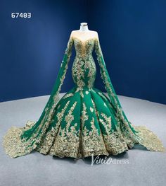 Glittery Gold Mermaid Pageant Gown Green Cape Sleeve Wedding Dress 674 – Viniodress