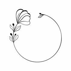 a black and white drawing of a flower in a circle with leaves on the side