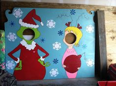 a painting of two women dressed as the grinen and miss piggy with snowflakes on them