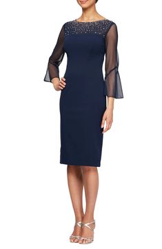 Alex Evenings SHORT SHEATH DRESS WITH EMBELL | Nordstrom Cocktail Dress Nordstrom, Embellished Shorts, Alex Evenings, Illusion Dress, Illusion Neckline, A Line Gown, Bell Sleeve Dress, Classic Dress, Crepe Dress