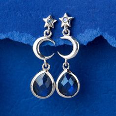 These celestial moon and star sterling silver Labradorite earrings are pure magic! Inspired by the night sky, these earrings feature crescent moons and stars with a stunning genuine Labradorite gem. Wear these on a beautiful night out or let them add a bit of glam to casual outfit. Labradorite can symbolize self-love, spiritual protection and intuition.*Our jewelry features natural, genuine gemstones, ensuring each piece is unique and one-of-a-kind. Please note that, as no two gemstones are iden Magical Sterling Silver Moon Phase Jewelry, Celestial Star-shaped Sterling Silver Jewelry, Magical Nickel-free Sterling Silver Jewelry, Celestial Sterling Silver Moon Jewelry, Celestial Moon Shaped Sterling Silver Jewelry, Celestial Moon-shaped Sterling Silver Jewelry, Celestial Moon Phase Moon Earrings, Celestial Sterling Silver Jewelry With Matching Earrings, Magical Crescent Sterling Silver Jewelry