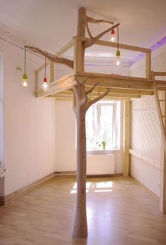 a tree house is built in the middle of a room