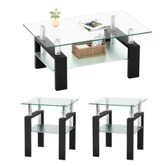 three tables with glass top and metal legs