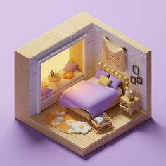 a dollhouse bedroom with a bed, nightstands and lights on the wall next to it