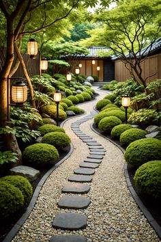 a garden with stepping stones and lights