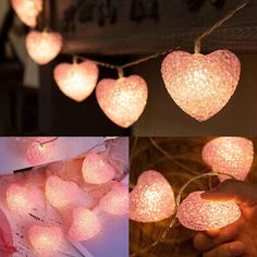 heart shaped string lights are shown in three different pictures, one is pink and the other is white