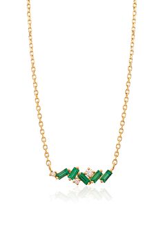 Style Number: BAP447 18K Yellow Gold Mini Emerald Fireworks Bar Necklace Baguette Emerald, Total Weight 0.25ct. Round White Diamond, Total Weight 0.05ct. 16" to 18" Adjustable Chain Cascade Necklace, Gemstone Jewellery Design, Diamond Choker Necklace, Gold Wedding Jewelry, Black Beaded Jewelry, Handmade Fine Jewelry, Cluster Necklace, Emerald Pendant, Emerald Necklace