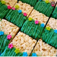 rice krispy treats are decorated with green frosting