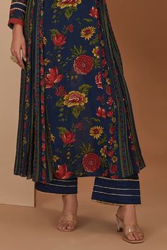 Blue anarkali with side intricate pleated panels, all over multi color floral, stripe print and placement metallic gota patti embroidery. Paired with straight pant and printed bordered dupatta. - Aza Fashions Gota Patti Embroidery, Floral Print Anarkali, Blue Anarkali, Floral Stripe, Pants Pattern, Pant Set, Straight Pants, Set For Women, Anarkali