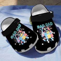 Special Rad Dad Bluey Clogs For Kids & Adults Blue Non-slip Fun Clogs, Fun Blue Non-slip Clogs, Playful Blue Round Toe Clogs, Playful Blue Closed Toe Clogs, Blue Fun Slip-on Clogs, Fun Blue Slip-on Clogs, Blue Slip-on Fun Clogs, Fun Black Non-slip Clogs, Black Non-slip Fun Clogs