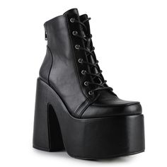 Golfito 02 Gothica Black Platform Boots 6" Heels, 3" Platform Vegan Leather Upper Lace Up Closure Silver Eyelets Detail Zipper Closure In The Back Platform Vegan Leather Outsole Black Punk Style Platform Ankle Boot Heels, Punk Style High Heel Synthetic Boots, Black Heels For Streetwear, Black Chunky Platform Heels With High Ankle, Black Chunky Platform High Ankle Heels, Edgy Lace-up Boots With Reinforced High Heel, Black High Heel Punk Boots, Edgy Platform Boots With Closed Toe, High Heel Moto Boots With Chunky Platform For Streetwear