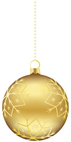 a golden christmas ornament hanging from a string with snowflakes on it