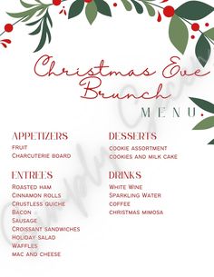 a christmas brunch menu is shown with holly branches and red berries on it