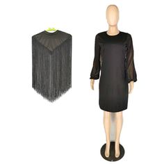 Two-piece Dress with Pure Color Fringe Shawl Long Sleeve Fringe Evening Dresses, Elegant Long Sleeve Fringe Dress, Elegant Long Sleeve Dress With Fringe, Knee-length Fringe Cocktail Dress, Spring Formal Dress With Fringe, Black Suit Dress, Long Sleeve Dress Black, Fringe Shawl, Chiffon Long Sleeve