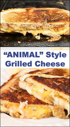 an animal style grilled cheese sandwich is shown in two different pictures, with the title'animal style grilled cheese '