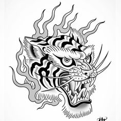 a black and white drawing of a tiger's head with flames in the background