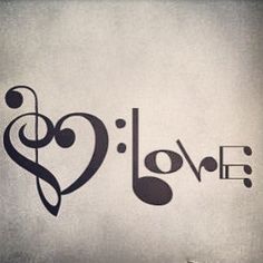 the word love is written in black on a white background with music notes and trebles