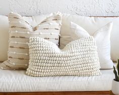 two white pillows sitting on top of a couch next to a potted snake plant